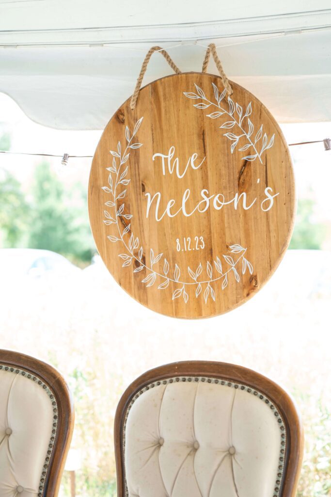 Detail of wood sign at a wedding reception in Westby, Wisconsin